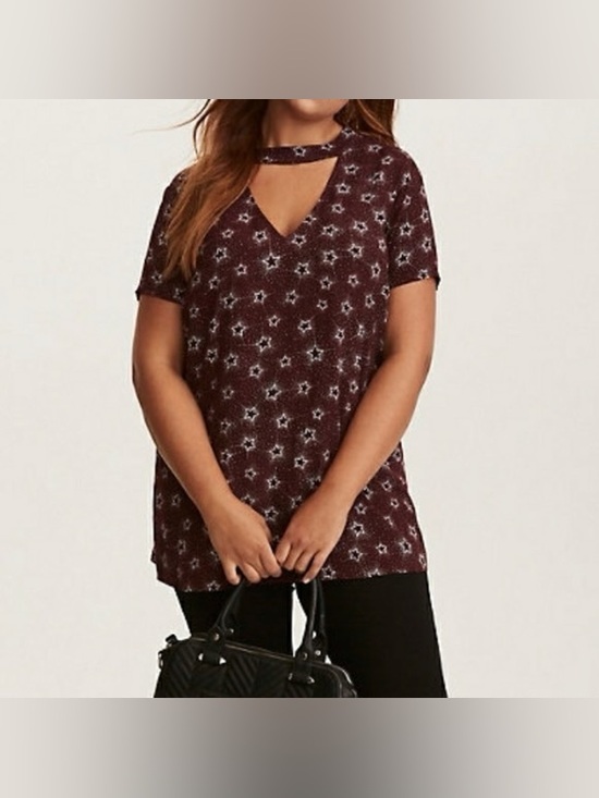 torrid Tops - Torrid Maroon Rayon Novelty Celestial Stars Cut Out Choker Blouse, Size 2x